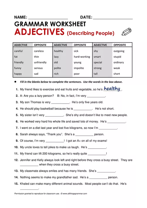 Exercises GRAMMAR WORKSHEET ADJECTIVES Describing People Pdf